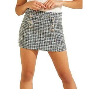 Guess Women's XS Blue Tweed Mini Skirt Christy A-Line Wool blend silver buttons